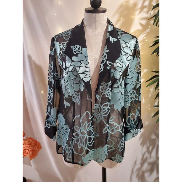 Alex Evenings Vtg Sheer Floral Jaquard Open Jacket Womens Size XL Black Blue - Picture 1 of 8